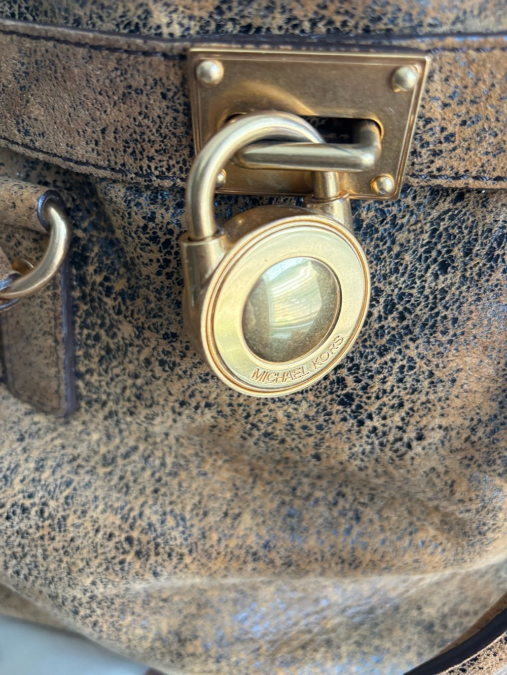 Michael Kors Distressed Tan/Brown Leather Satchel with Gold Hardware - Picture 3 of 8